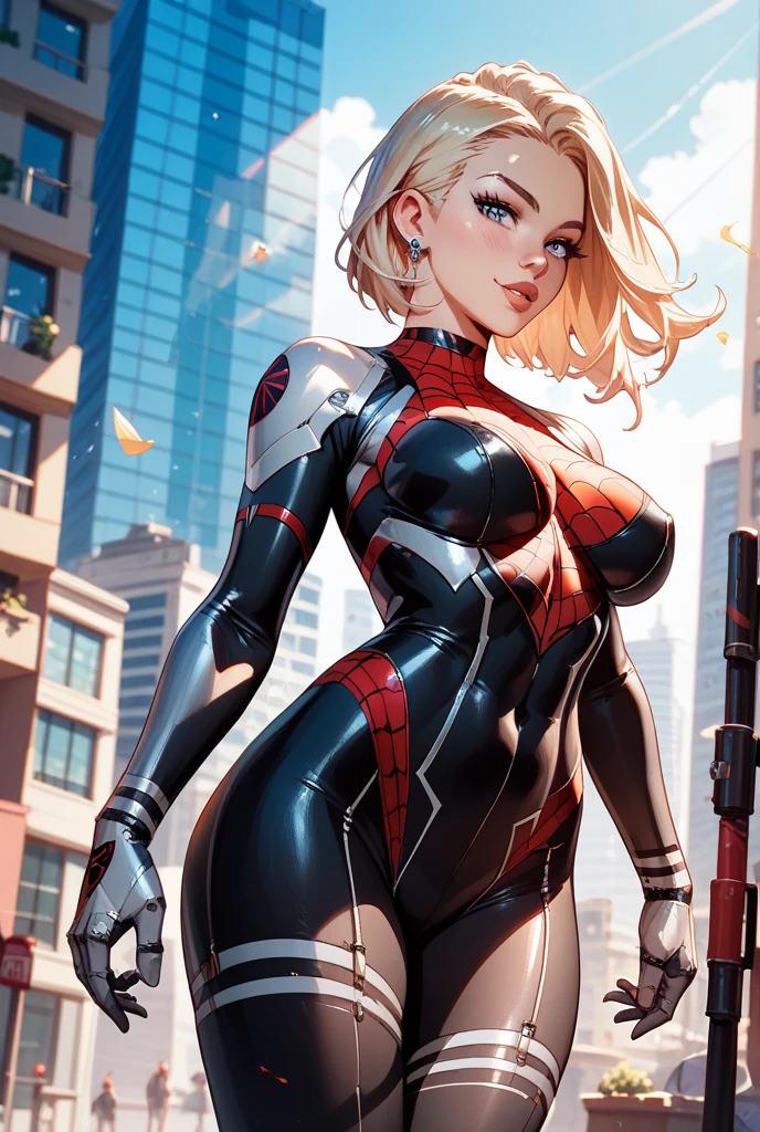 (1girl:1.3), Solo, (((Very detailed face)))), ((Very detailed eyes and face)))), Beautiful detail eyes, Body parts__, Official art, Unified 8k wallpaper, Super detailed, beautiful and beautiful, beautiful, masterpiece, best quality, original, masterpiece, super fine photo, best quality, super high resolution, realistic realism, sunlight, full body portrait, amazing beauty, dynamic pose, delicate face, vibrant eyes, (from the front), She wears Spider-Man suit, red and black color scheme, spider, very detailed city roof background, rooftop, overlooking the city, detailed face, detailed complex busy background, messy, gorgeous, milky white, highly detailed skin, realistic skin details, visible pores, clear focus, volumetric fog, 8k uhd, DSLR, high quality, film grain, fair skin, photo realism, lomography, futuristic dystopian megalopolis, translucent