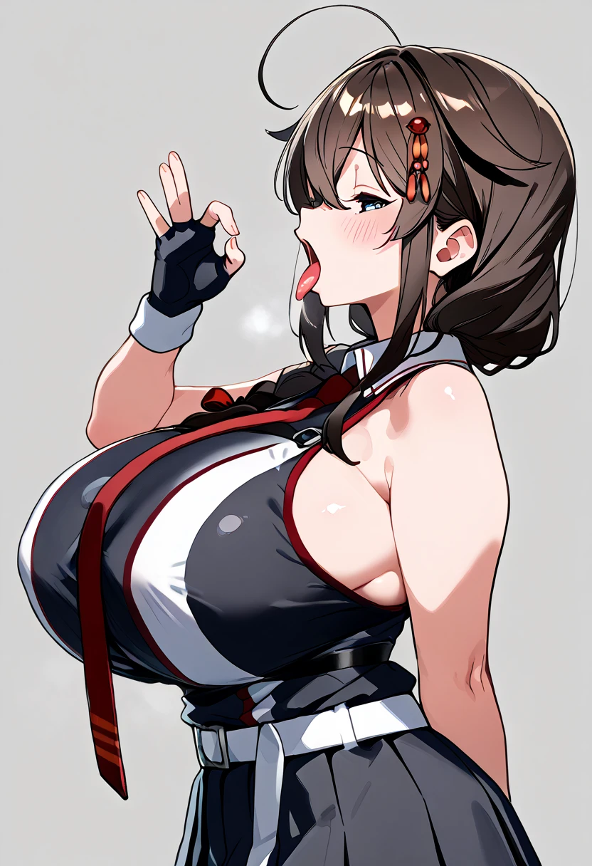 (best quality), (Super detailed), (Best Illustration), (1woman), look at viewer, from side, (track and field), (Big Breasts:1.2), {brown hair, (bob cut:1.2), curly hair, hairs between eyes}, {(detailed eyes), heart-shaped pupils, blue eyes}, navel, blush, sweat, steam, earrings,