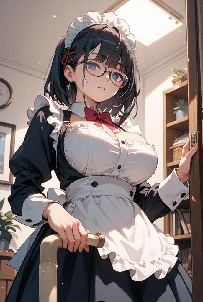 ((masutepiece)), ((Best Quality)), (Ultra-detailed), ((kawaii)), Cute, (lovely), ((Sexy)), (Ero), ((Extremely detailed)), 4K, (8K), Best Quality, (Beautiful), Illustration, Anime style, Painting, Dynamic Angle, Full body, (from below looking up:1.2), The upper part of the body, (Skirt lift:1.2), full body focus, Gradation, Western-style room, Cute little girl s, 1girl in, Solo, maid, Beautiful black hair, Beautiful black eyes, ((Beautiful eyes)), White-skinned, Short hair, large full breasts, horseshoe-shaped hairband, Glasses, badmood, angry, gritted teeth, blush, Sweat, sparkling effect, Lens Flare, shiny-glistening, gleaming
