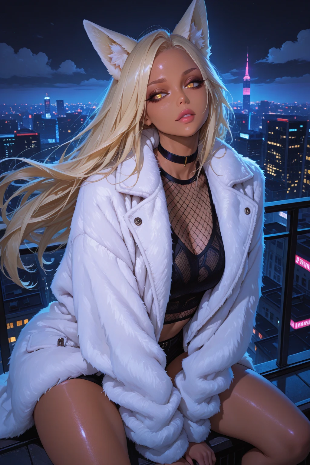 ((high resolution)), ((pale skin)), sinful, Irish, king ((11 years old)) Girl, with blue eyes, blushing cheeks, wavy fur, smiling, naked, sexy armor, Cyberpunk, neon cityscape