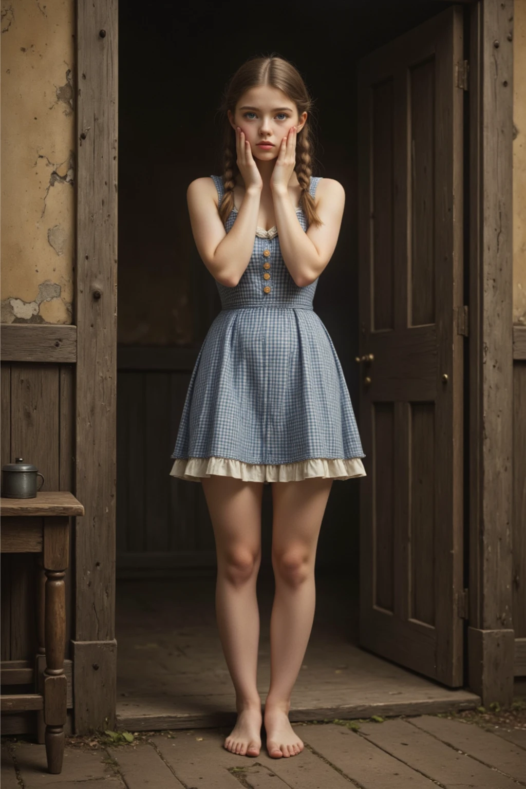 (glass jar:1.45), masterpiece, best quality, Emma Watson sitting, (behind glass), shocked, (large breasts::0.8), maid outfit, freckles, (blonde hair:1), wavy hair, short hair, shrunken <lora:girlsInGlassJarsV2_v2Anime:0.5>, dark wooden floor, dimly lit, looking at viewer, (kneeling:0.8), adult
model: Clarity
