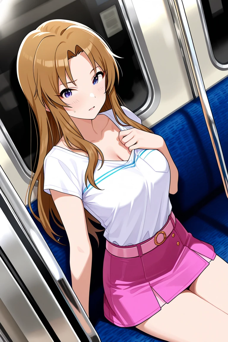 high-angle shot、Japanese woman wearing a short skirt and tie sitting on a train、cute school girl、Japan Female Student Uniform、with a Japanese school uniform、Surreal schoolgirl in Japan school uniform、a hyperrealistic schoolgirl、schoolgirl in school uniform、girl wearing school uniform、girl wearing school uniform、Wearing a school uniform、Full body of schoolgirl posing、 Nice skin、glistning skin、lovely thighs、glowing thigh、shining legs、knee high socks、sheer panty、Nasty laughter、sit on the train seat with your legs apart、Skirt flipping、Panties are wet、nipple erect、White detailed panties、(no-bra)