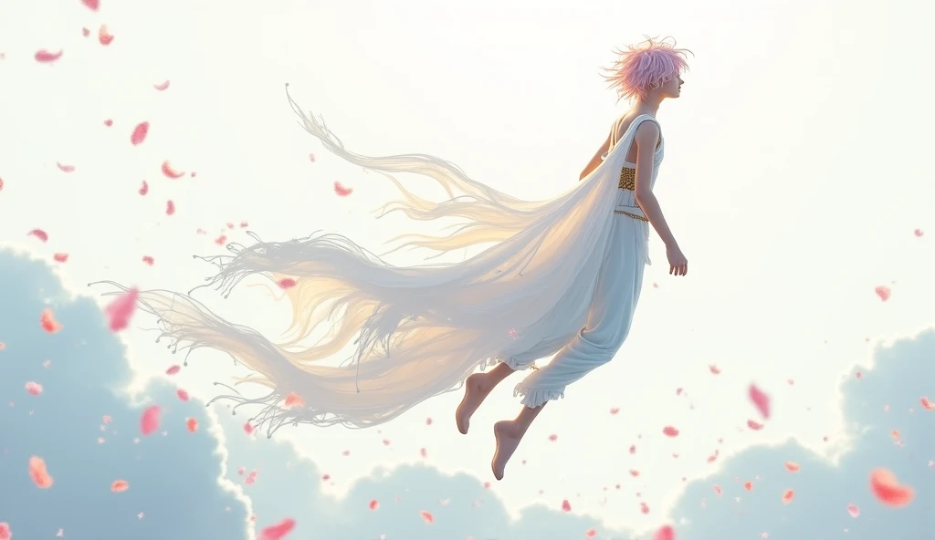 man falling from the sky, pink hair, fedora, white tuxedo clouds, outdoors, from bellow, fog