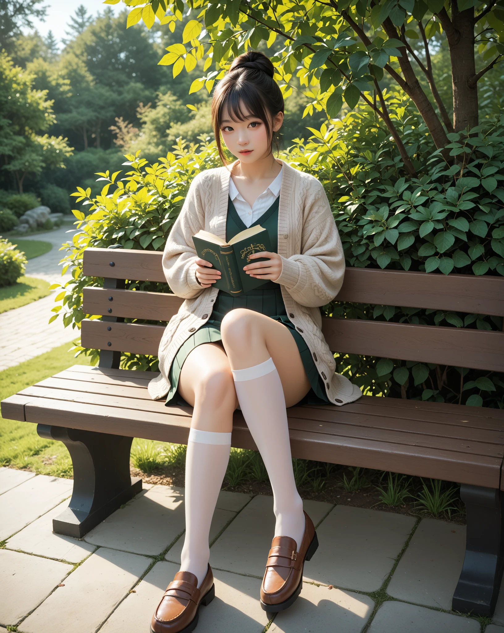 8K分辨率、Ultra-detailed CG footage、1girl in, japanese girl, (Sitting on the grass leaning against a tree, Reading a book, Knees together, Feet apart, up skirt, exposed vagina, (hairy:1.1), (Pubic hair:1.1), (view from front, low angles), Onepiece, Detailed, morning, Sunrise, High resolution, ultra-quality, Super masterpiece, Colored leaves,