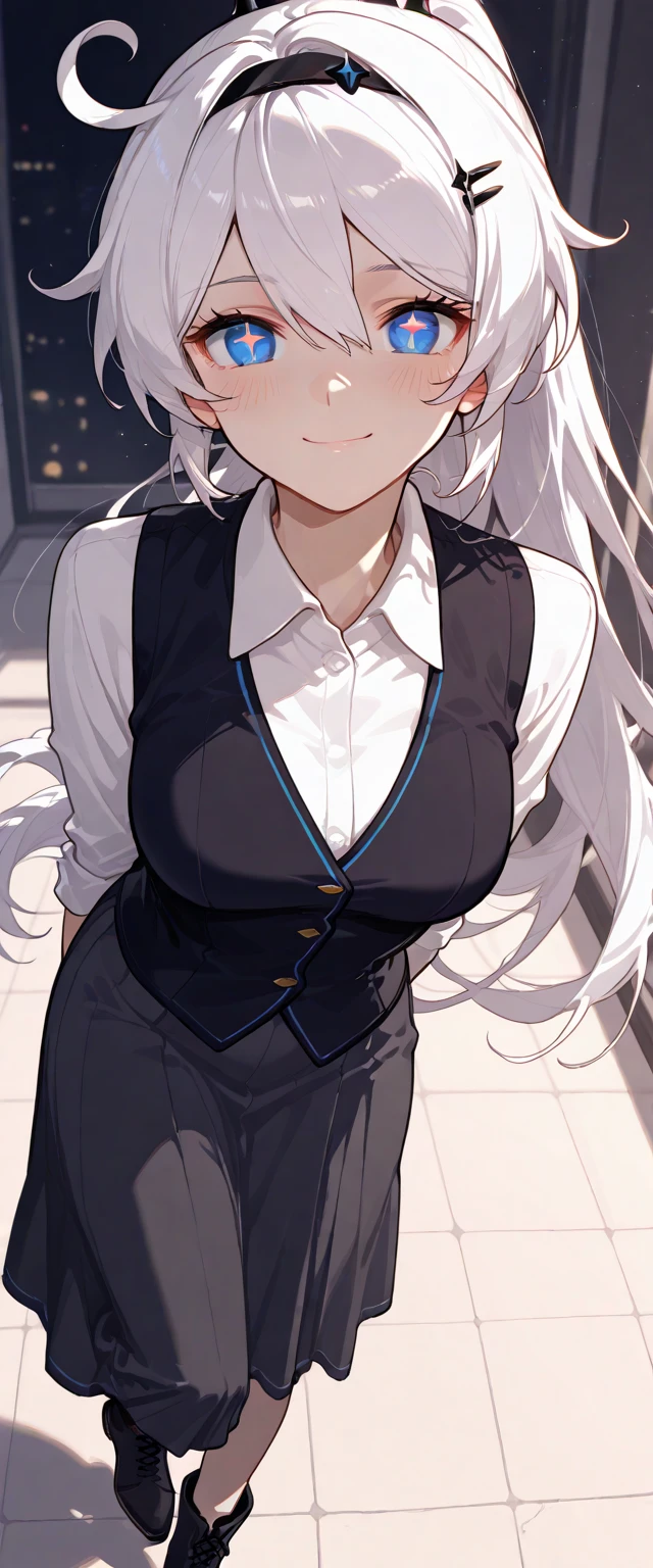 Masterpiece, Best Quality, Cinematic Lighting, Photorealism, Gray Hair, Long Hair, Sleeveless, Black Top Top, Open Chest, Sexy Smile, Provocative, Brainstorming, Perfect Hands, Black Tights, Big Breasts, Teenage Girl
