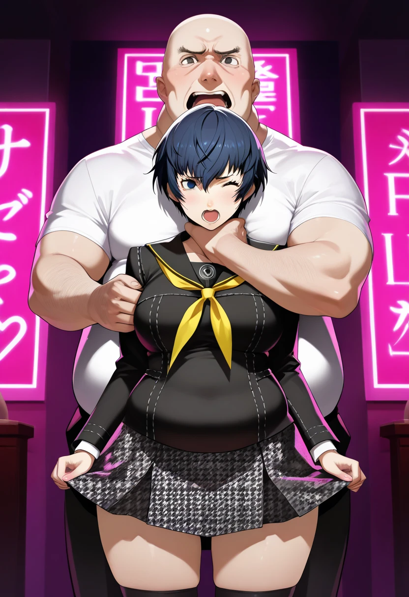 source_anime, rating_explicit, score_9, score_8_up, score_7_up, black_hair, goth, gothic, short_hair, looking at viewer, crop top, skirt, thighhighs, black clotges, goth girl, ikuchan, purple eyes, medium breasts, indoors, black hair, 2boys, breast grab, standing, reverse harem, standing next to eachother, standing side by side, ((cuckold pov)), cuck pov, muscular males, netorare, ntr, breast squeez, breasr grab, ((faceless male)), ((size difference)), large male, 2boys, trio, hellsing, panties showing, panty line