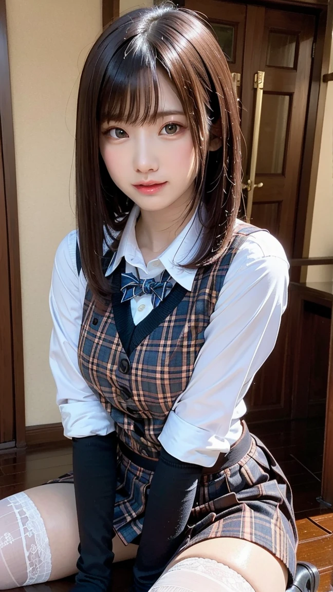 very cute and beautiful girl,(highly detailed beautiful face and eyes),
kneeling on bed sheet,office lady plaid vest,long sleeve white blouse
 BREAK (smile:1.2),blush,looking at viewer,fashion bag,cosmetic bag,tight pleated black mini skirt,black hair,hotel bedroom,
(best quality,masterpiece),absurdres,highres,ultra-detailed,extremely detailed,32k,8k resolution,
intricate details,cinematic scene,detailed background,solo,dynamic angle,