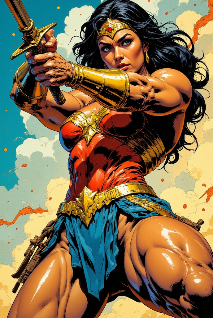 4k, digital drawing, Comic Babes, a close up of a woman in a bikini with a sword, wonder woman, sexy painting by gal gadot, gal gadot hybrid, gal gadot as lord of hell, portrait of wonder woman, artgerm comics, beauty comic art, bodybuilder superhero bikini, zenoscope, DC Comics art style, lasso, the princess of power