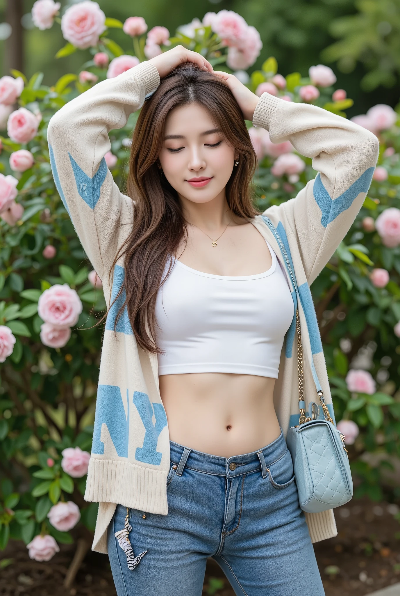 (((Masterpiece, ultra detailed, ultra quality, 8K, Photo-realistic))), A stylish young woman poses confidently outdoors in a park. She has long, wavy light brown hair with soft bangs, ((wearing a white crop tank top that shows off her slim waist)). Over it, she wears an oversized cardigan with a blue and beige “NY” pattern, which is open to reveal the lining underneath. (She is wearing low-rise blue jeans with the buttons unbuttoned, accentuating the hourglass shape of her figure). She has a light blue “NY” patterned handbag slung over her shoulder and a zebra-print hair tie attached to her cardigan. She is also wearing a delicate gold necklace, and is standing in front of a bush with blooming pink flowers. Her arms are raised above her head, creating a casual yet fashionable pose. The atmosphere is soft and natural, with greenery and light floral accents in the background.. Sexy woman, hot woman, (Big breasts), big hips: 1.3, flat stomach, ((navel)), perfect face, v shape face, (thin cheeks), pink lips, ((fuller body)), (lying silk worm), slightly curvy body, ((smiling expression while closing eyes)).