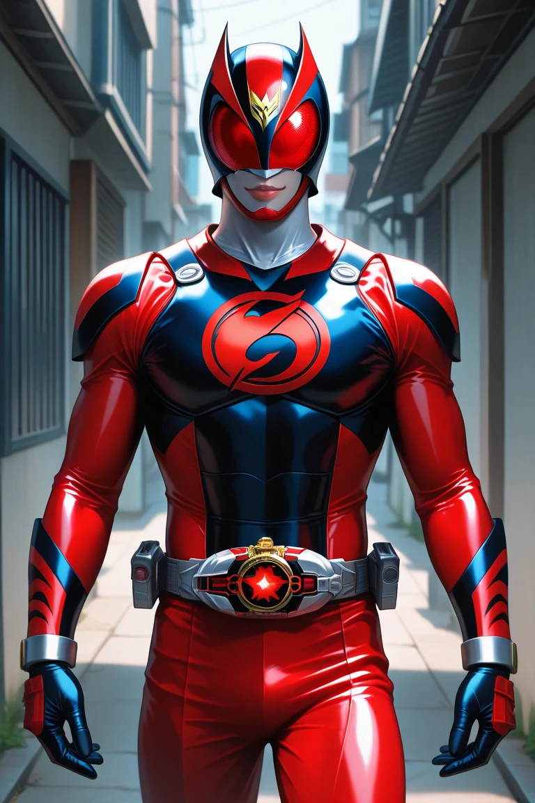 (8k),(masterpiece),(Japanese),(8-year-old boy),((innocent look)),((Childish)),From the front,smile,cute,Innocent,Kind eyes,Flat chest, red helmet, red domino mask, The Flash,Bald,No Hair, Henshin Pose,night,dark, Neon light cyberpunk city,Kamen rider,camisa