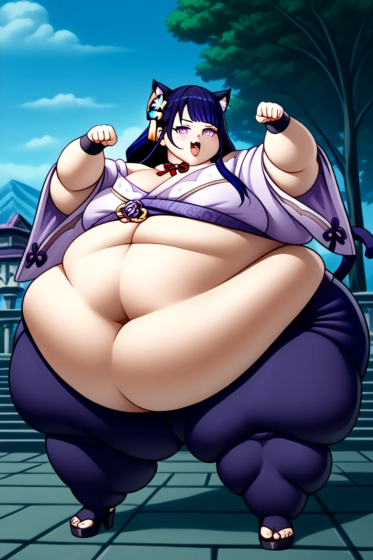 Flashing breasts,Nsfw, nipples, exposed nipples, flabby , found face, double chin, obese:1.2, flabby , giant , looking at viewer, large belly, obese, belly bursting through clothing, double chin, obesity, flabby breasts, fat arms and legs, fat everything, fat beIly, belly shown, fat, obese, tall, zoomed out:1.1, full body:1.1, entire body:1.1, (full body), detailed hands, straight hands, cold expression, lacking emotion, menacing, dark clouds, night time, looking at viewer, superior, raidenshogunden, raiden shogun, cleavage, Japanese background, dynamic pose, High Quality, Highres