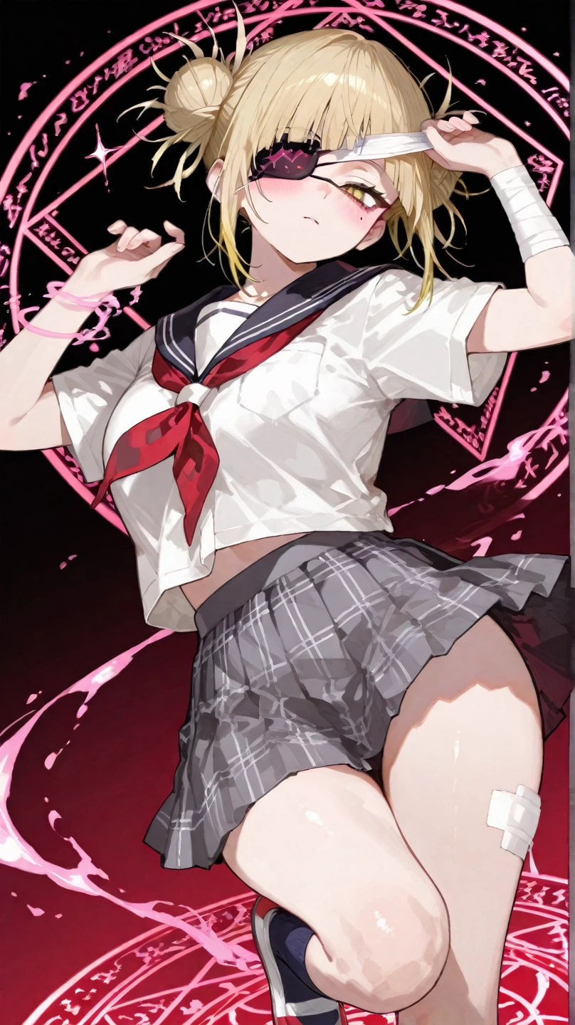 Highly Detailed Eyes, Sharp Focus, Top Quality, 1girl, Short Hair, Uniform, Hair Ornament, Smile, Open Mouth, Blonde, Curly, Bangs, Dull Bangs, Big, Big, Clavicle, Monochrome, Line Art, Portrait, Smile, Full Body, Plain Skirt, White Underwear, Face Collapsed, Face Down, Eyebrows, Contorted, Flew, Grimacing, Glare, Mockery, Furious, Uniform, School Uniform, Crying, shedding tears, wiping tears, closing eyes, sad, profile, clenching teeth,