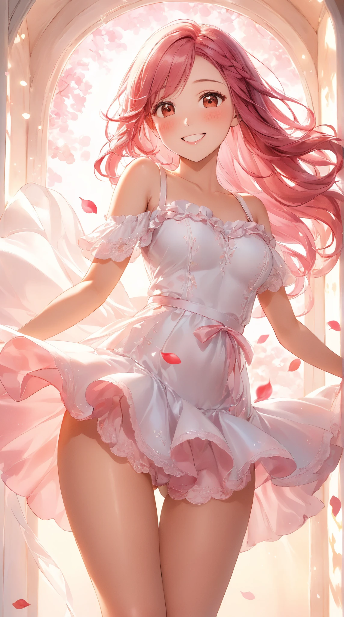 absurdres, highres, best quality, (electric fan:1.3), 1girl, lick a water ice, standing, clothes lift, wind lift, wind, floating hair, sundress, indoors, window, sunlight, (wind chime:1.3), wind chime focus, mature female, large breasts, depth of field, close-up, closed eyes, sweat, sweatdrop, lifted by self, navel, from below, white dress, red hair, summer