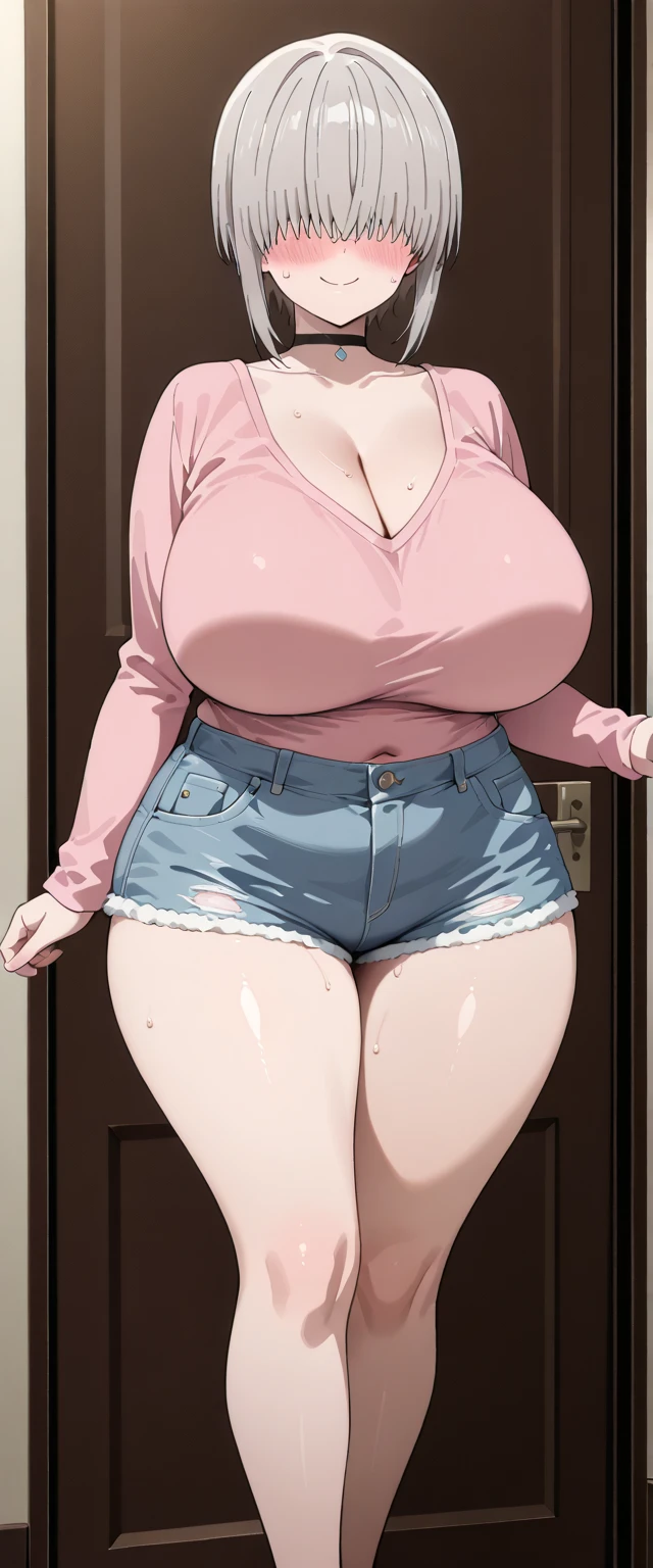 pink hairstyle, blue eyes, huge lips, short hair, double ponytails hairstyle, big lips, medium breasts, hourglass figure, (narrow waist), trust, superiority, bad gal, thick thighs, tight shirt, standing, house indoor, bow tie, earrings, trade, pink theme, random color shirt, diaphragm, jeans pants, smile, half plane, living room, window with sea view, from the front, big ass, front, thick, Big hips, very narrow waist, big breasts, neckline, laughing, open mouth, laughing, lol, big lips