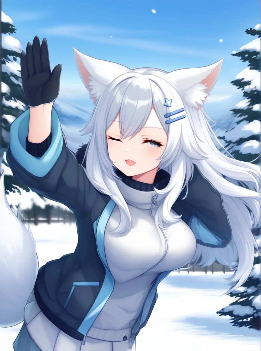 absurderes, Best quality, Masterpiece, Novel illustration, (Realistic:0.5), mediating, Highly detailed, (Detailed description),
1girll, coyote_hor ears, coyote_Girl, coyote_Tail, ((holograph)), Long hair that has been feminine for a long time, Solo, Coffee hair color, Smile, pouch, grin, Deep blue eyes,Gaze towards the viewer,A heroic gesture,beast ear,Animal teeth,Big brown tail,White tail
(spice and wolf)
