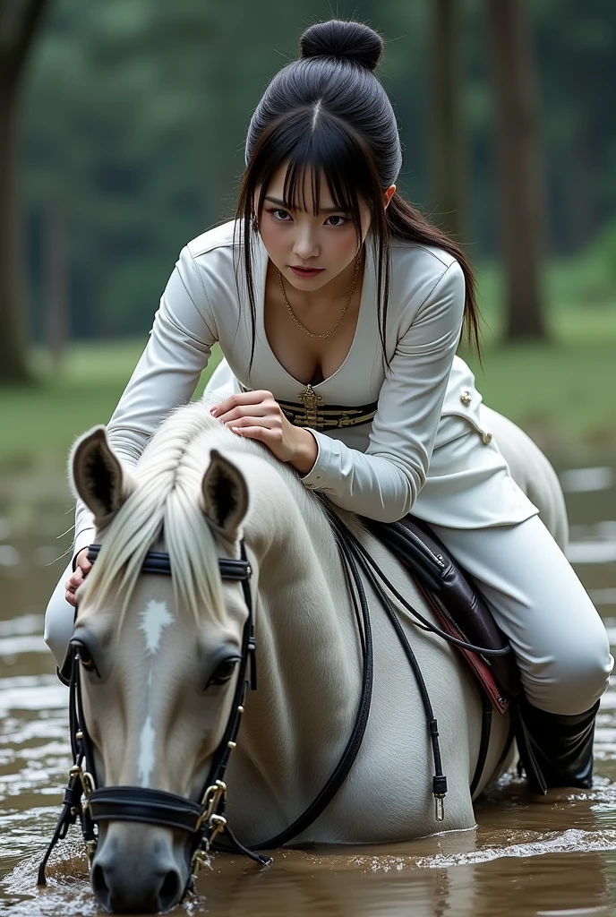 imagem super alta, Super Detalhe, super high resolution, retrato, perfect female, Beautiful, fofo, sexy, loving expression, obscene expression, , Bright Light Brown Braided Hair Bangs, olhos grandes azuis cintilantes, Abs, Seios enormes, sob os peitos, peitos laterais, large proportion, perfect proportion, couro preto rider casaco longo, Botas de Engenheiro Preto, Meia-noite, ruins, pilhas de entulho, puddles, iridescente, professional lighting