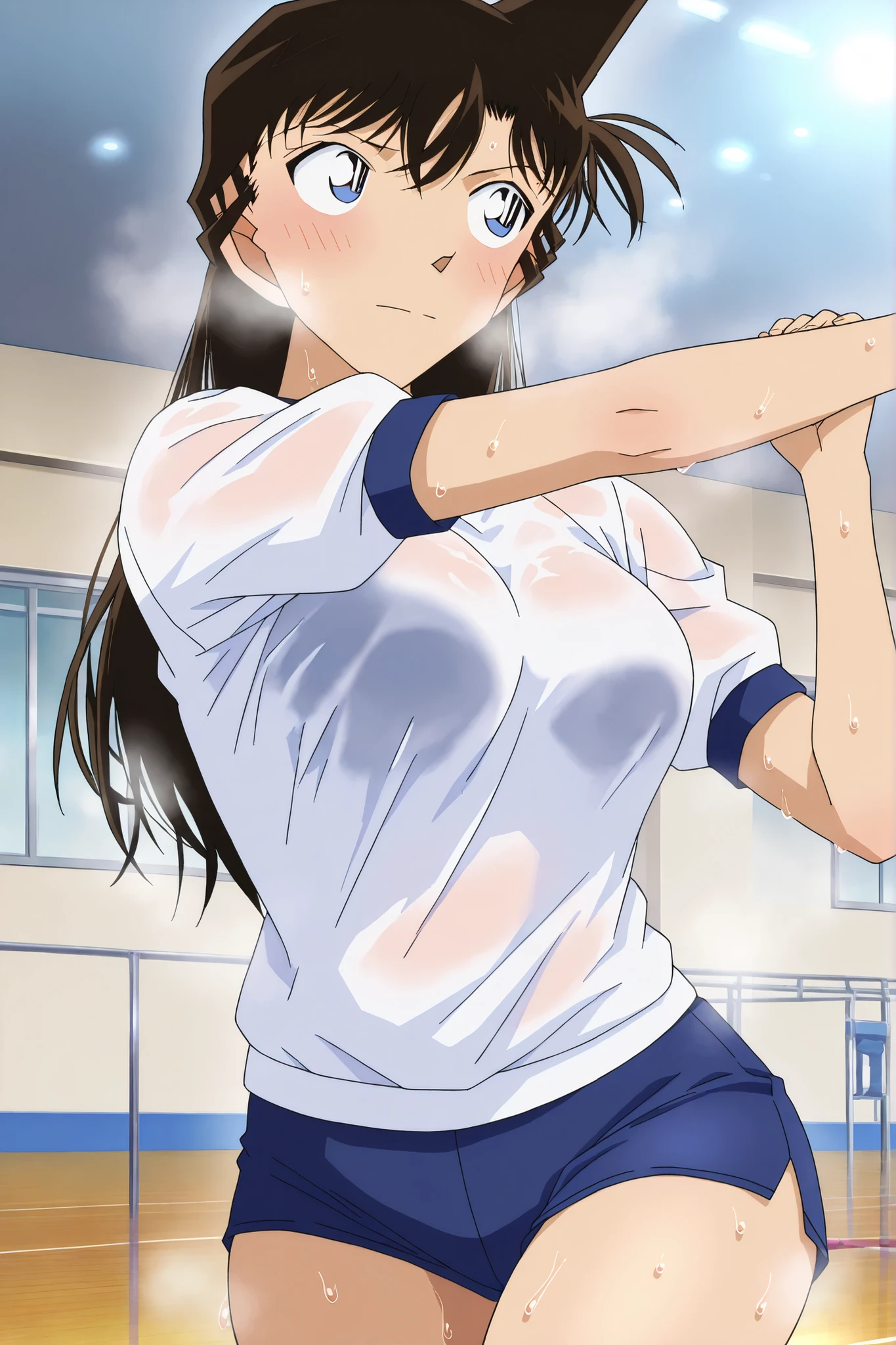 score_9, score_8_up, score_7_up, score_6_up, score_5_up, score_4_up, BREAK, source_anime, anime screencap, anime coloring, 1girl, Japanese stiff-looking beautiful female teacher, solo, perfect anatomy, milf, 36 years old, black hair, short hair, asymmetrical bangs, forehead, v shaped eyebrows, glasses, lite smile, looking at viewer, sweat, (skintight, very tight sleeveless gym uniform, white shirt, shirt-in, under sized micro blue buruma, zettai ryouiki white thighhighs), sagging huge_breasts, tarechichi, erect nipples, thigh gap, indoor, gym, hand on hip, standing, skinny, (unshaven hairy natural public hair:1.2), unshaven hairy natural armpit hair
