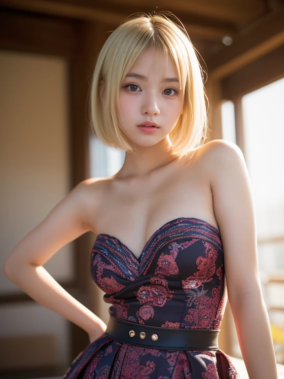 1 female, Stone steps, Short blonde hair with side bangs, ((Fine grain:1.2)), sexy, Sensual, No sleeve, Side bust, masterpiece, highest quality, highest quality, Official Art, beautifully、aesthetic:1.2), Very detailed, colorful, Most detailed