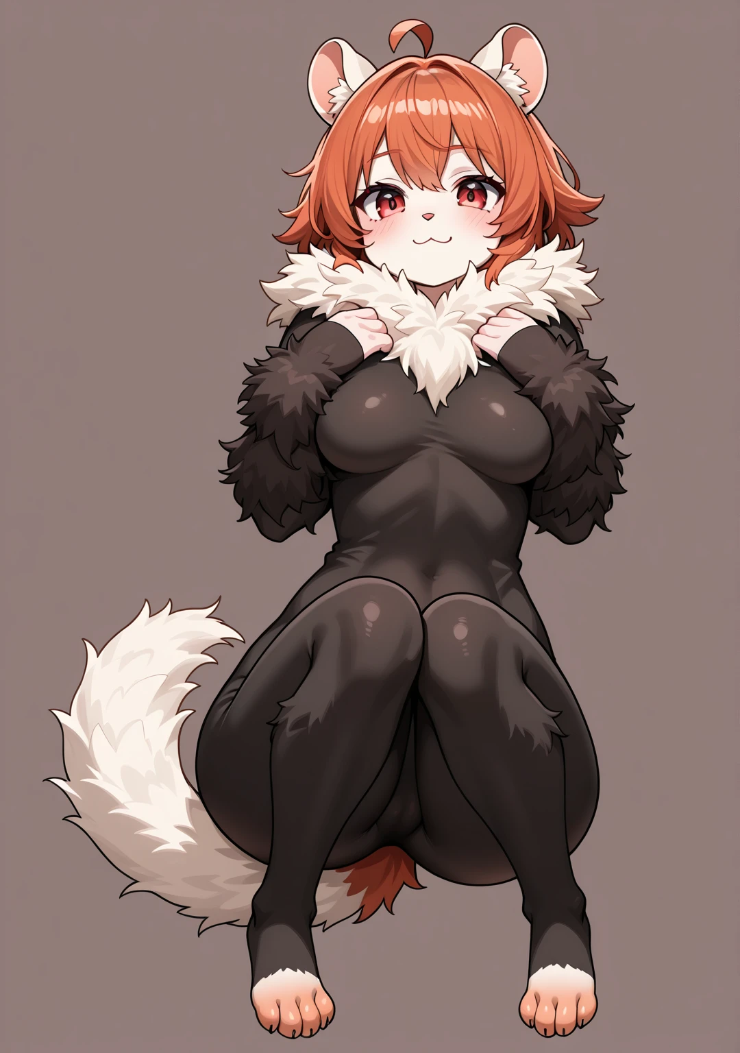Furry girl with short hair, half red and the other half black, with white fur, black legs with white fur, Black arms with white claws with a black and white dragon tail mixed with a white fur shirt, one completely black eye and the other normal

