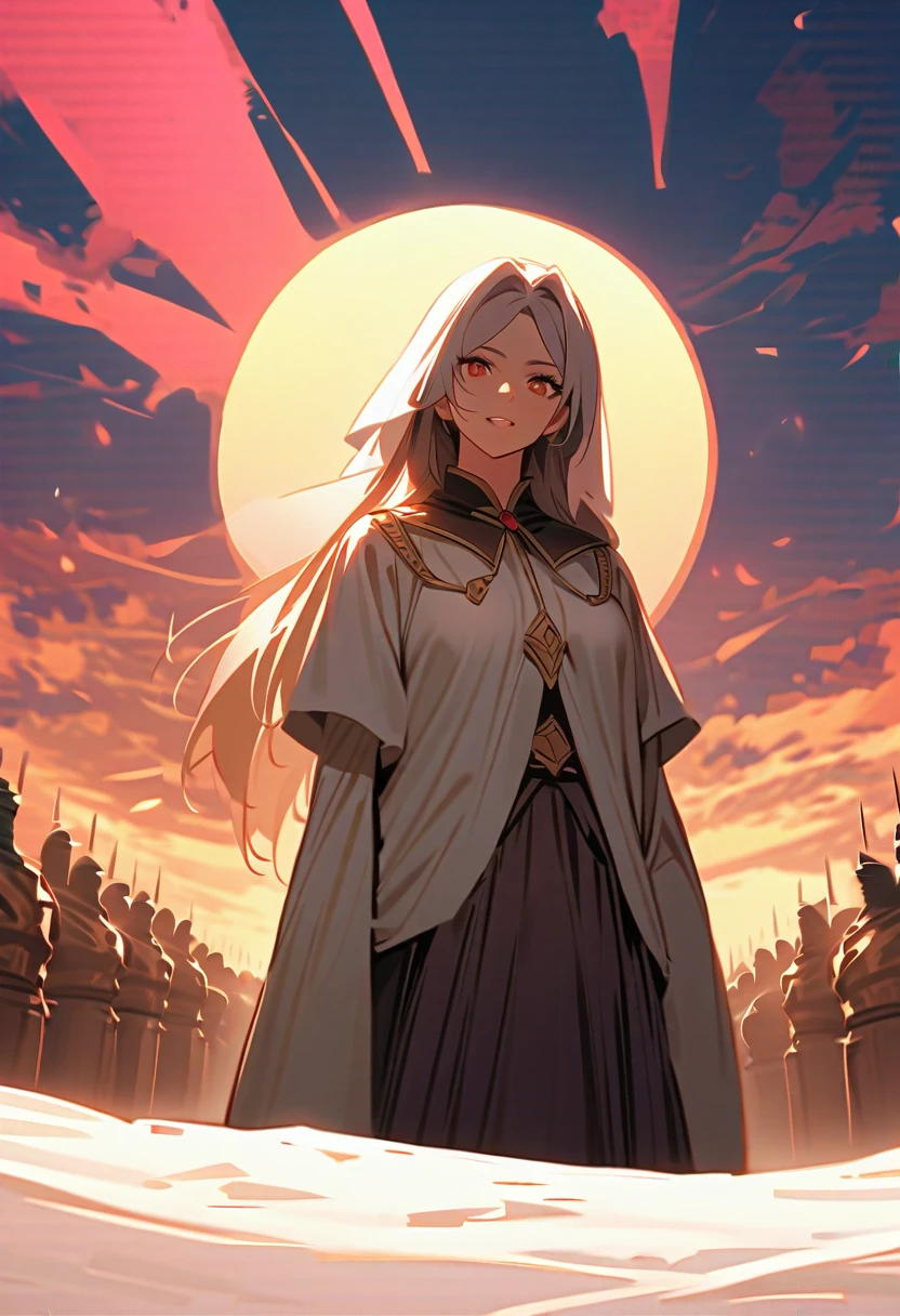 (sun),shakujou,desert,shine,shining,glow,gleam,highlight,girl,glowing hair,gold hair,silver hair,long hair,aura of light,red cloak