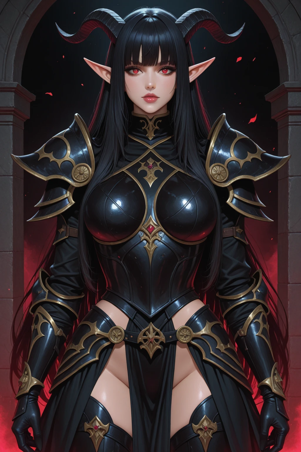 ((1girl, solo)), elf, (pointy ears:1.3), (large breasts:1.5), (abs:1.3), colored skin, pale skin, beautiful body, (perfect anatomy, perfect body, perfect hands, perfect legs), nice hands, natural proportions, sexy body, standing BREAK 

((extremely detailed face)), (red eyes:1.5), (black eye shadow:1.3), (beautiful detailed eyes:1.6), (realistic pupils, realistic iris:1), expressive eyes, ((looking at viewer)), (clear eyes:1.3), (hyperrealistic:1.2), (detailed skin texture:1.2), smooth skin, blonde hair, long hair, (detailed lips:1.2), (attractive lips:1.1), (glossy lips:1.1), perfect face, perfect eyes BREAK

bikini armor, strapless, highleg panties, hood, hood up, pauldrons, cape, shoulder armor, arm guard, stomach, navel, thighs, thighhighs BREAK

(masterpiece:1.5), anime-style, top quality, best quality, (beautiful and aesthetic:1.2), (ultra detail:1.5), Ultra-detailed depiction, Ultra-precise depiction, extremely detailed 8k illustration, high resolution, (highly detailed shading:1.2), (realistic lighting:1.4), perfect lighting, vibrant colors, dynamic tones, striking hues, 8k, absurd resolution, perfect shadows, hdr, UHD, ambient lighting, realistic, ultra-realistic, photo realistic, highly detailed, rich detail, luminous colors, fine texture, intricate design, professional illustration, (soft light:1.2), (illustration:0.7)