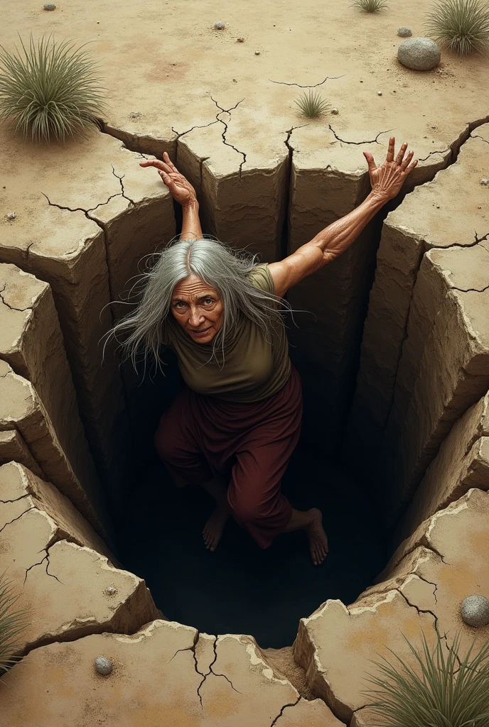  of an old woman at the bottom of a deep, dry well 