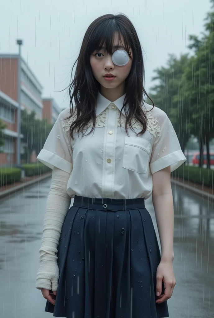 1girl in, Long Black Hair,Schoolgirl Uniform, Shy, blush, Wet, Rain, Transparent, (masutepiece, Best Quality), Soft light, Cinematic composition, Cinematic Light