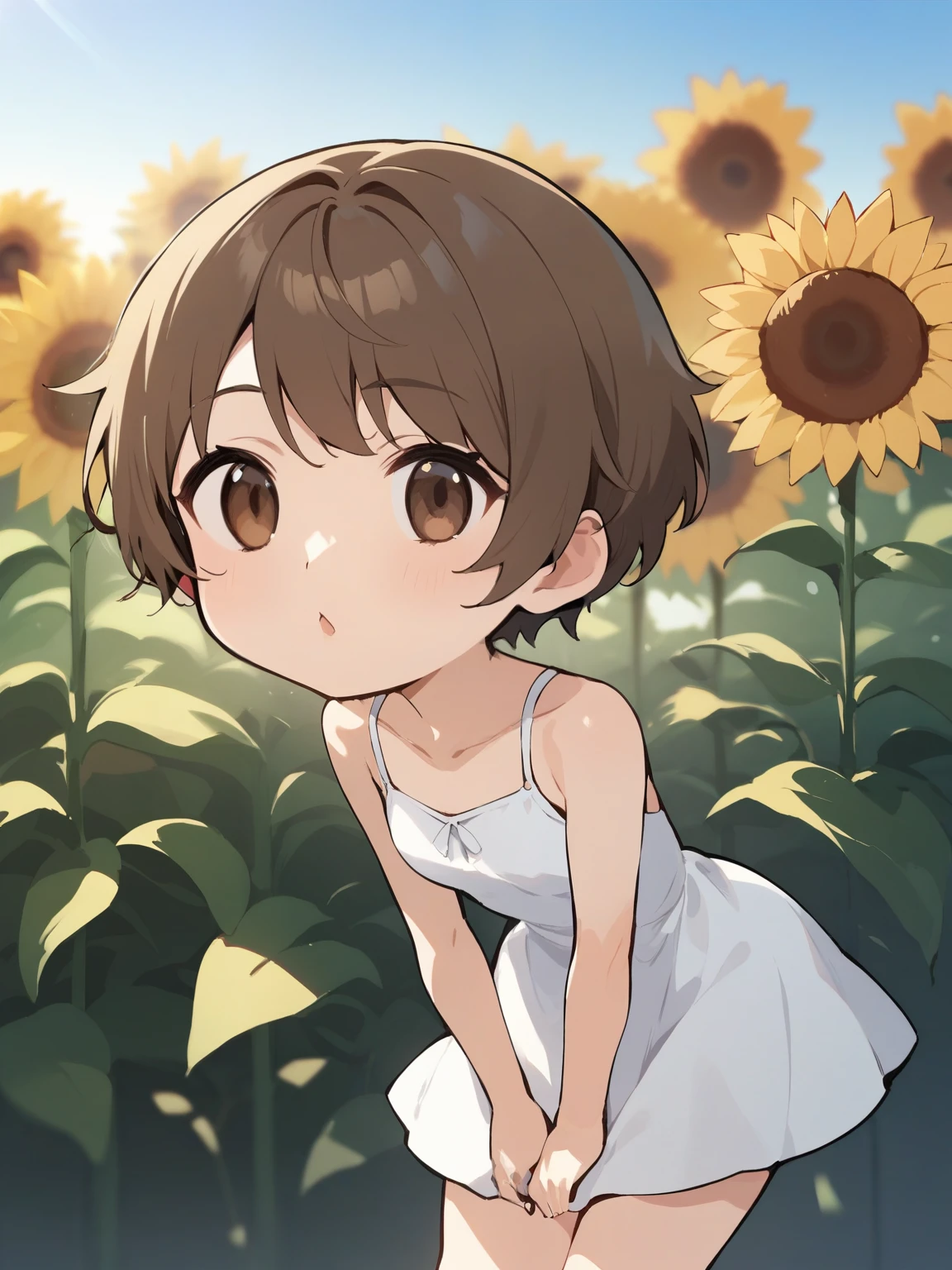 score_9, score_8_up, score_7_up, Source_Anime, nsfw，( chibi:1.3)， (small 、-like face，   big head，Observing a Round Face，skinny:1.3，brown hair, short hair, Dry hair, summer dress that lets light through, white dress, Sunflower   field, Outdoors, beautiful girl leaning forward, from behind, look back, brown eyes，Straw Hat, stare at viewers wearing tennis hats, Sunflower  , Blue Sky, Blurry, Blurry background, place your hands on your butt, Grab my ass, lips, seductive smile，top quality， depth of subject  ，Pretty Cure Style，glitter，fisheye lens，