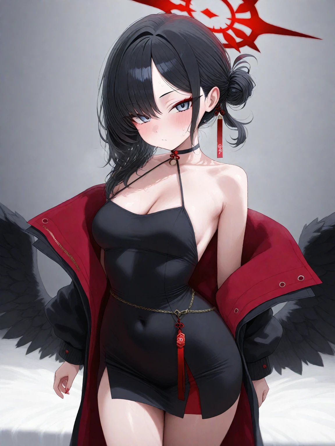 teenager Beautiful, tall, mature teenager, phoenix girl, with dark wings on her back, wings open, well detailed, cyberpunk, upper body, about 25 years old, black (dark) hair, long hair, straight hair, ponytail horse, red eyes, smiling, happy smile, abdomen, hair decorations, open clothes, pants, glowing skin, big breasts, perky breasts, cleavage, poses that show cleavage, sexy.