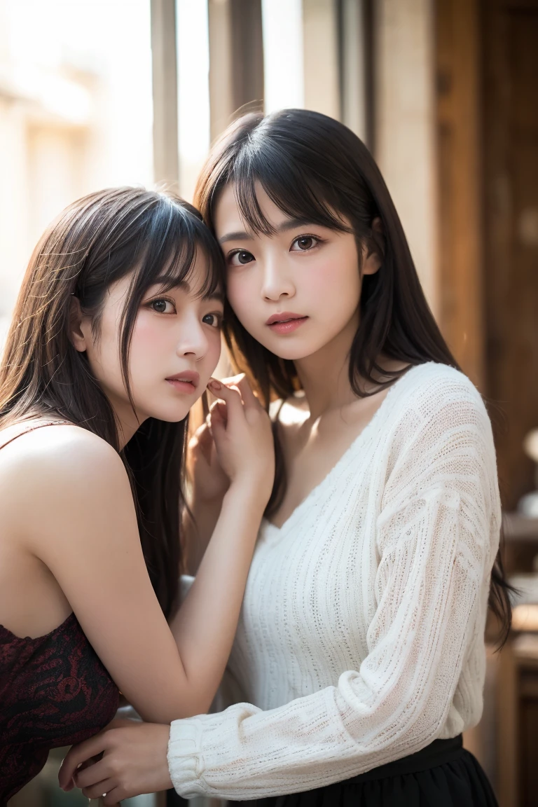 Ultra-realistic、high resolution、High resolution 8K photo-realistic images。A scene showing two Japanese sisters with completely different looks together。My sister has big breasts, a beautiful face, and long black hair.、Gentle eyes、With an elegant atmosphere。My sister is short and has short brown hair.、Lively expression、She has a baby face and big breasts and wears casual clothes.。The background is a sunny living room、Warm natural light pours in。The details of both faces are clearly visible.、So that each individual's personality stands out。Create a photo book-like page layout。