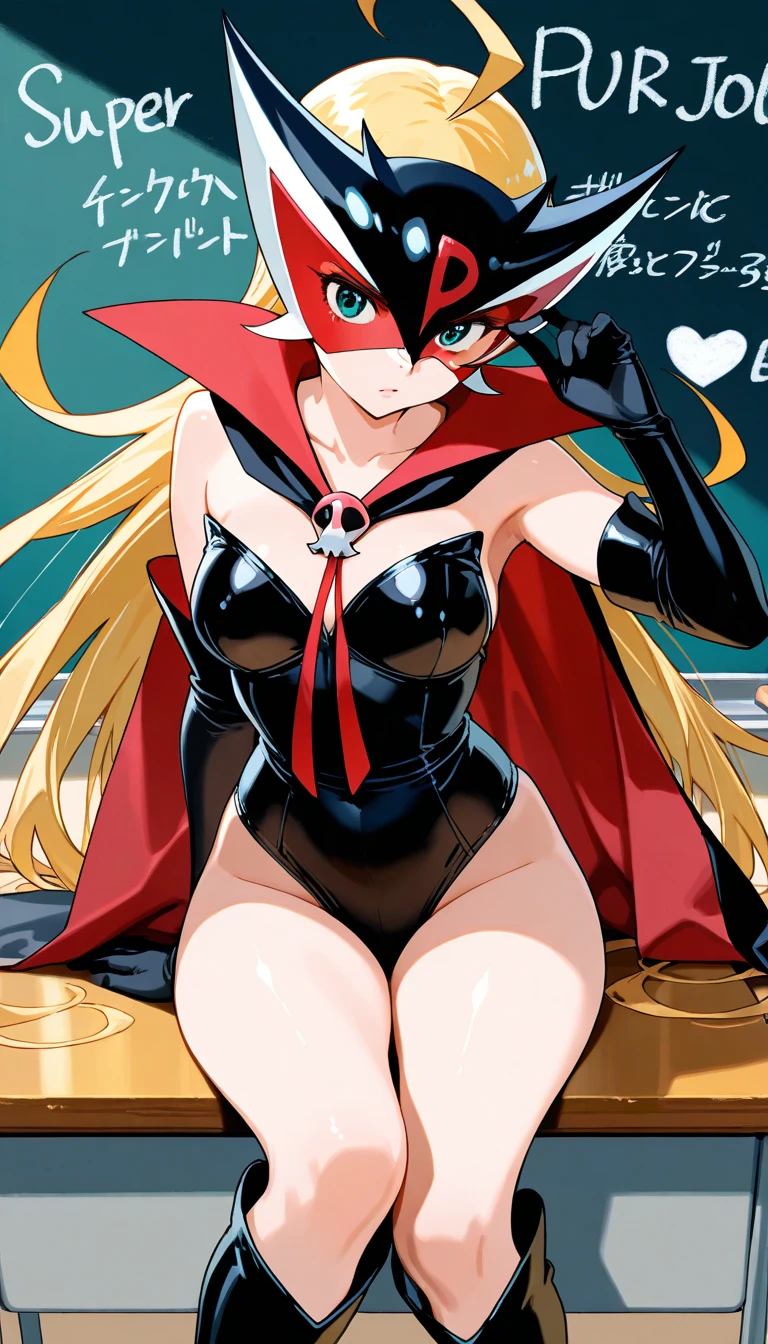 (masterpiece:1.3),(highest quality:1.4),(Super detailed:1.5),8k,High resolution,(an extremely delicate and beautiful:1.8),Official Art,Perfect Anatomy,(90s anime,90s anime style,Cel-shaded anime:1.17),(anime screencap,anime coloring:1.25),((Doronjo:1.52)),Perfect Face, (Accurate hand and finger depiction), (Doronjo Mask), ((Black see-through leotard costume)), ((A large red D is engraved on the front of the mask)), , (shining eyes),highly detailed eyes, highly detailed eyes, focus of the eye,(Expertly crafted shine,sky blue lens flare:1.7),(blue glowing eyes:1.17),(Raging Eyes:1.24),(expression of joy:1.5), Color Theme Red,octane rendering, nffsw,rainbow paint drop,Paint Teardrop, woman made up of paint, full painting, (movie background),splat, splash, indoors,Dark and blurry background,floating in the sky,close,dynamic angle,sunset,Night parking lot, (best lighting,very delicate and beautiful),Detailed beautiful shine, (soft light:1.2),(Soft lighting in gold tones),,Warm and soft lighting,dramatic light,((cinematic light)), (Movie masterpiece),(cinematic headlights),ambient occlusion,ambient light,Violently,powerful,Absolutely eye-catching splashes of color,((caustic)),raytraced reflections,light shines,waiting for happiness to begin, she is in golden palace with marble pillar. she sits on golden throne, crossed legs, wide shot,