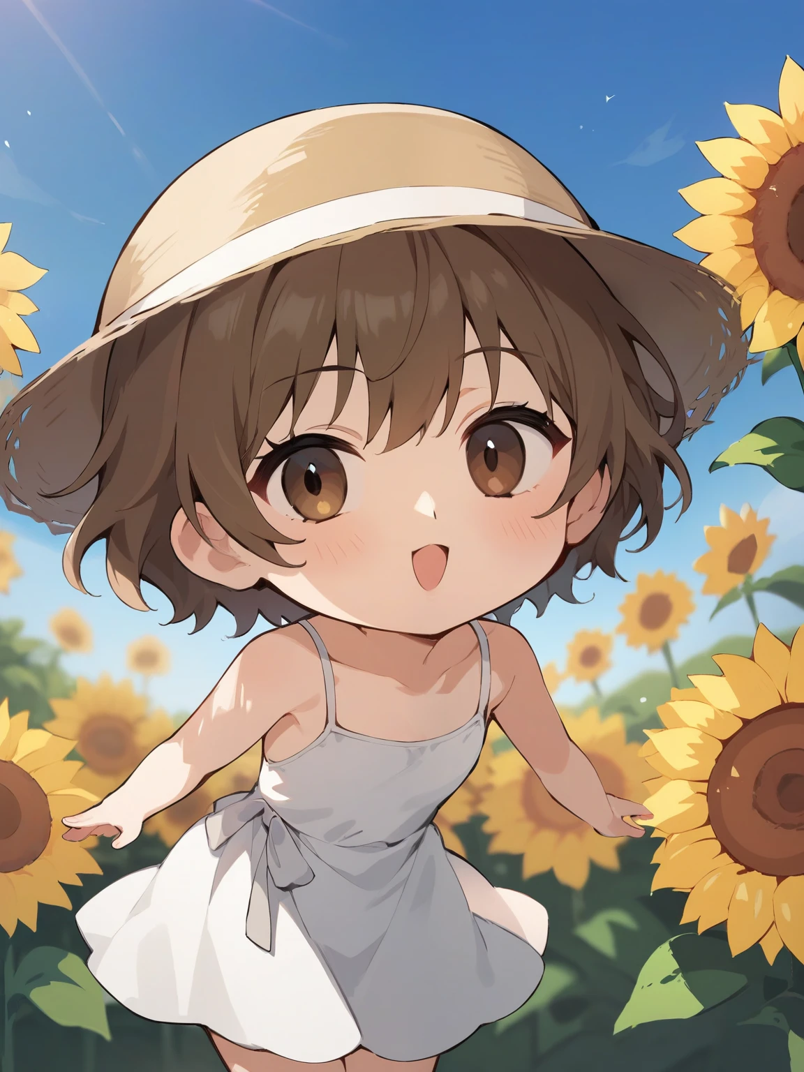 score_9, score_8_up, score_7_up, Source_Anime, nsfw,( chibi:1.3), (small 、-like face, big head,Observing a Round Face,skinny:1.3,brown hair, short hair, Dry hair, summer dress that lets light through, white dress, Sunflower field, Outdoors, beautiful girl leaning forward, from behind, look back, brown eyes,Straw Hat, stare at viewers wearing tennis hats, Sunflower , Blue Sky, Blurry, Blurry background, place your hands on your butt, Grab my ass, lips, seductive smile,top quality, depth of subject ,Pretty Cure Style,glitter,fisheye lens,