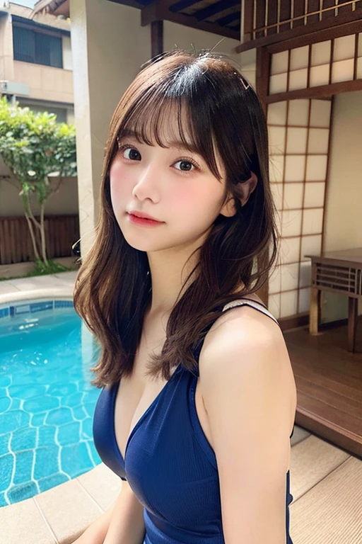 on the table, best quality, illustration, Super detailed, fine details, high resolution, 8k wallpaper, Perfect dynamic composition, Beautiful and delicate eyes, blue bikini, Casual and cute hairstyle, , natural color lips,swimming pool,night, Casual and cute pose,