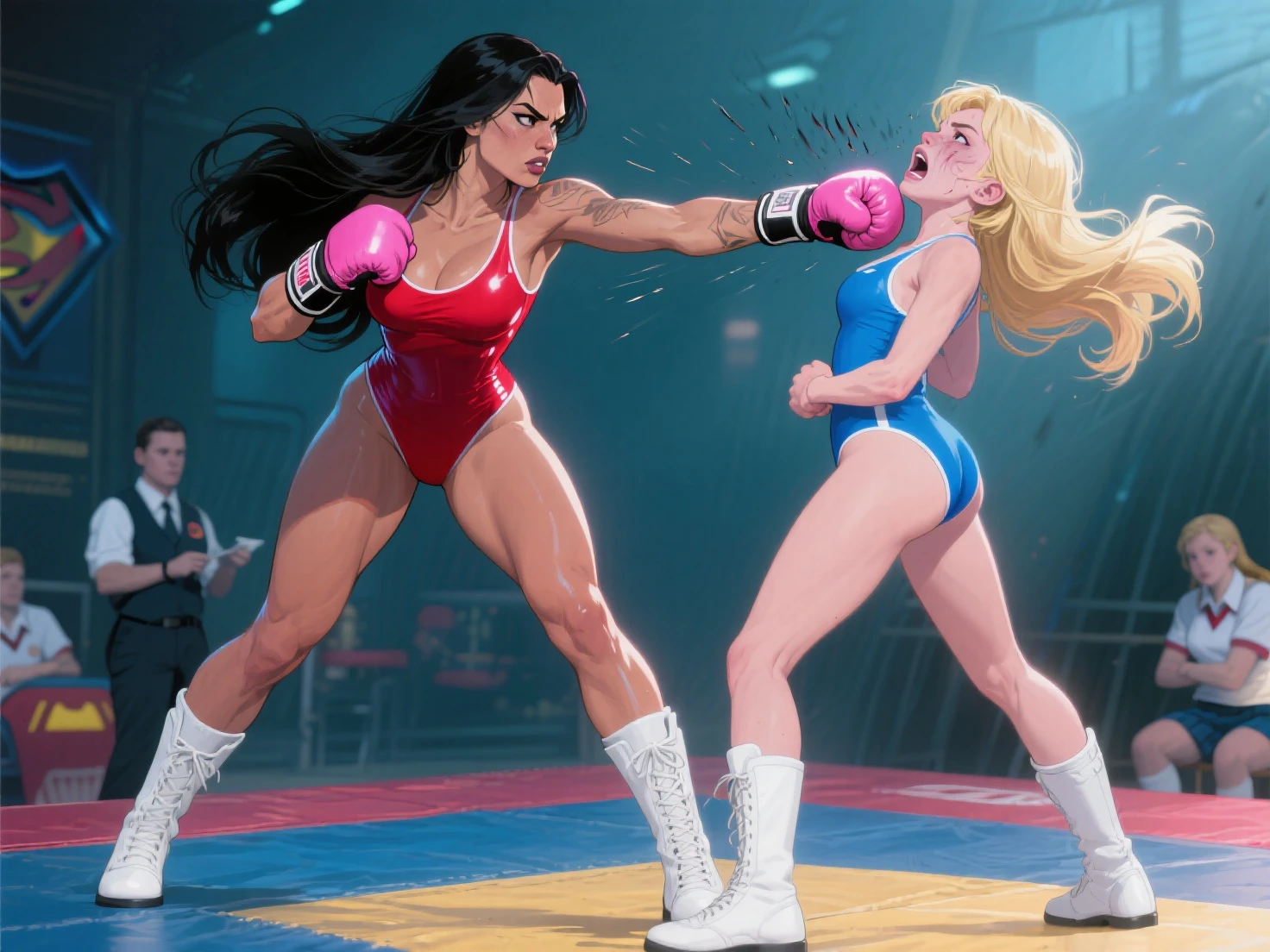 NSFW , In the Jungle , Jungle defense fight , Godzilla and supergirl , Fullbody shot , Female boxing Face to face, So huge breasts.