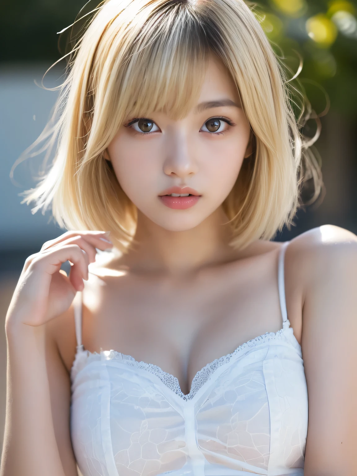 Sexy and cute look and cute 18-year-old beautiful girl, beautiful and sexy face、Hair blowing in the wind、White bikini、With short blonde hair、beautiful, C-cup breasts with firmness、Neat bangs:1.4、necklace、bracelet、Earrings、Both arms behind the head、Firm B cup breasts、Black Bikini、Full Body Shot、Angle from the front、