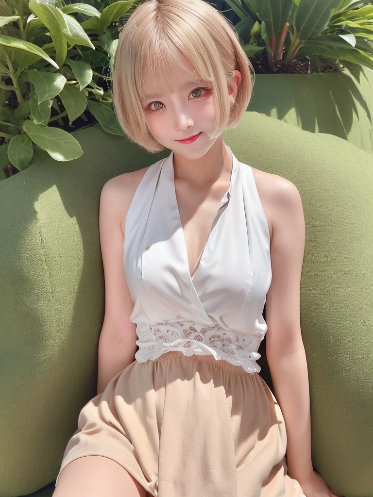 Cute Girls　Blonde short hair upper body　smile　bright　Summer clothes, selfie, diagonally above, head, shoulders
