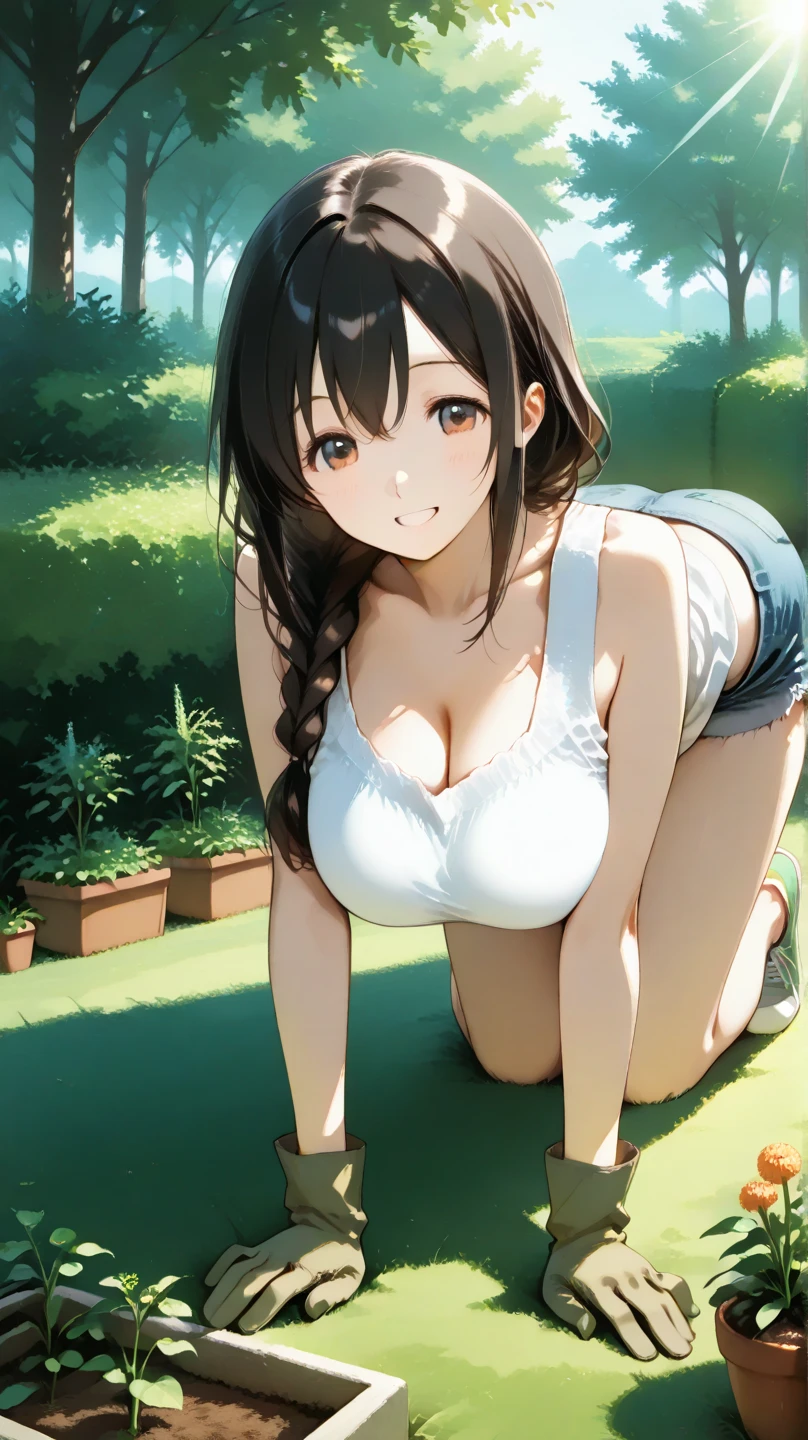 (best quality,4k,8k,highres,masterpiece:1.2),ultra-detailed,(realistic,photorealistic,photo-realistic:1.37),ponytail,black hair,high school girl,mini skirt,poolside, all fours,sunlight,bright colored clothes,slightly exposed necklin, White camisole、Blue how off your breasts