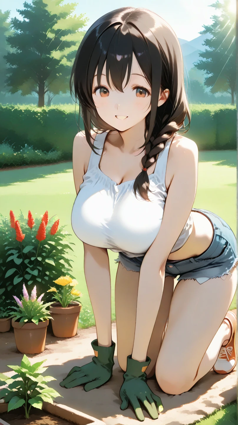 masterpiece, best quality, high detail, beautiful woman, solo focus, long wavy hair, dark red hair, large bust, cleavage, (sports bra), (black maxi denim pencil skirt), tight ((denim skirt)), midriff, wide hips, looking at viewer, leaning forward, lower body, full-face blush, smile, garden, summer, cloudy sky, sun,