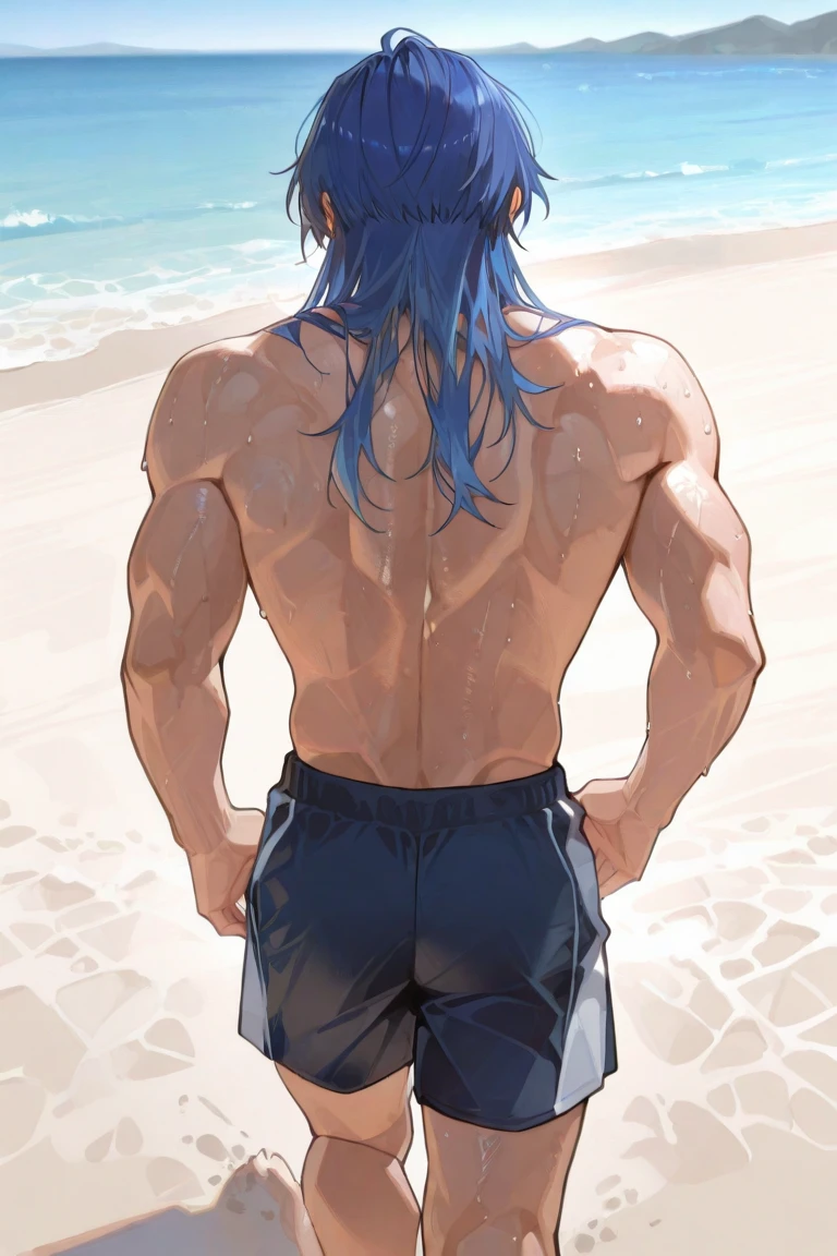 A muscular handsome blue haired man with silver eyes with long hair in swim trunks is leaning onto a railing at the beach