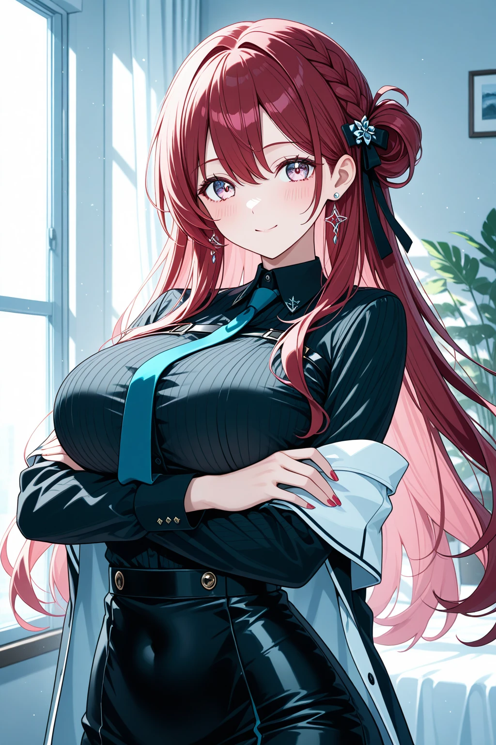 (best quality:1.5, highres, UHD, 4K, detailed lighting, shaders), red curly floral haired, gradient hair, large breasts, suit, T-shirt, social shirt, short skirt, mature woman , (pov), white background, colorful eyeshadow, dramatic lighting, sparkling eyes, sensual expression, golden earrings, flowing hair, delicate facial features, brown skin, high cheekbones, urban setting, black background, dont look for the camera, sitting on a chair upside down, behind the camera