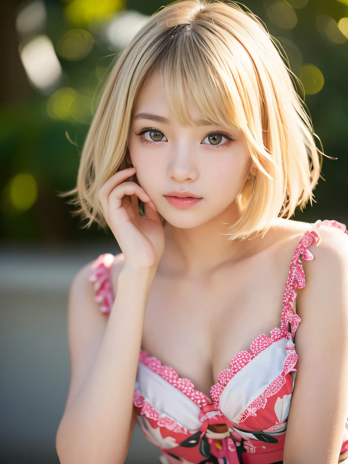 8k, RAW photo, fujifilm, Analog style photo of beautiful young woman like Avril (huge breasts) In the pale pink rose garden (highly detailed skin:1.2) Style - Petal BREAK short hair, blonde hair with color streaks, dull bangs, wearing a dress, film grain, 35mm, cute style, cowboy shot