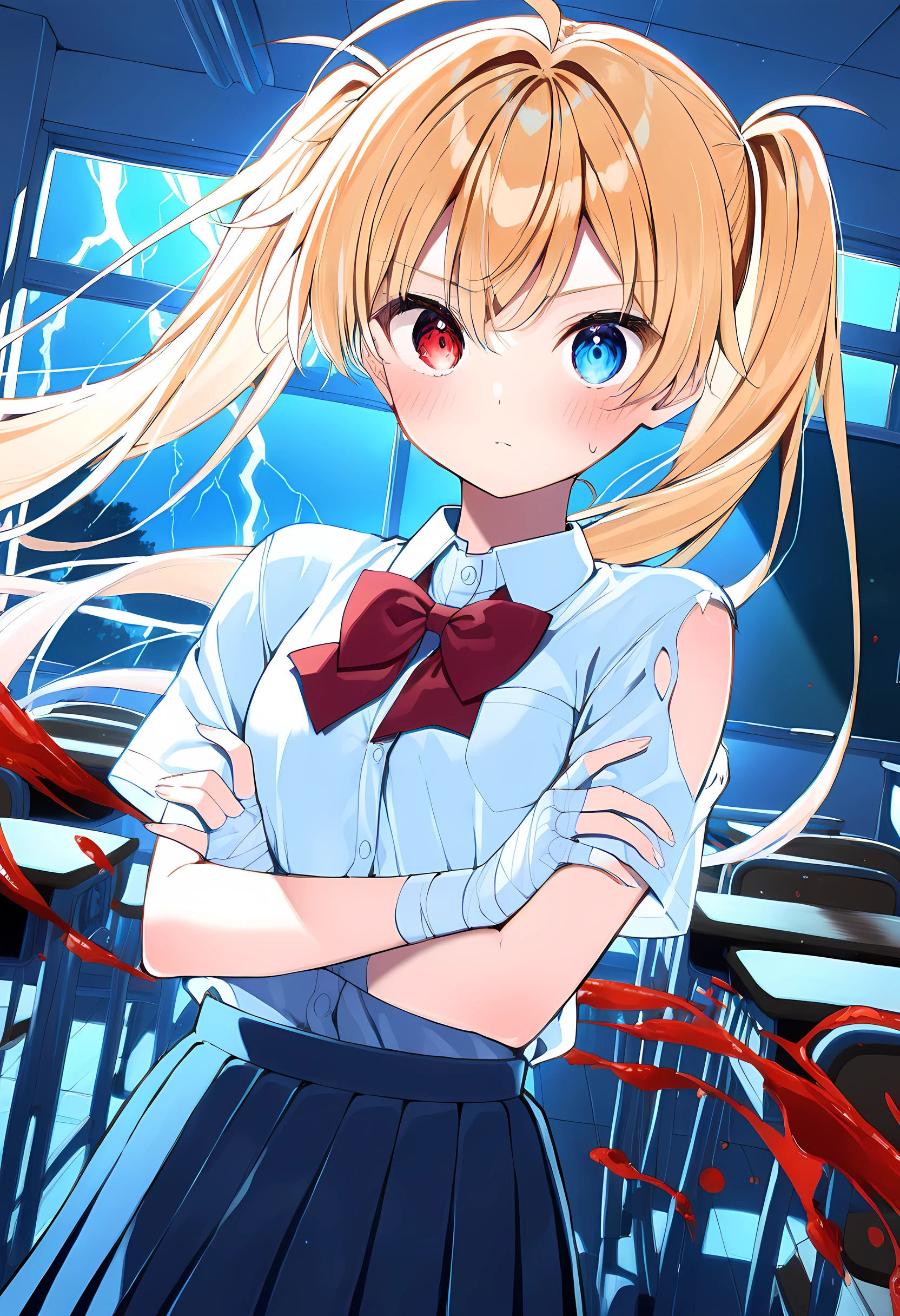 score_9, score_8_superior, score_7_superior, masterpiece, best quality, absurdres, high_fidelity, vibrant, sauce_anime, (rating_safe:1.0), super detailed, Adorable, 1girl, long hair, twin tail, Blonde, ahoge, (Odd Eyes, red eye, blue eye), school uniform, Short sleeves, Torn clothes, (Bandaged right hand:1.1), posing, Crossed arms, dark, lightning, Blood splatter, classroom, (wind:1.2)