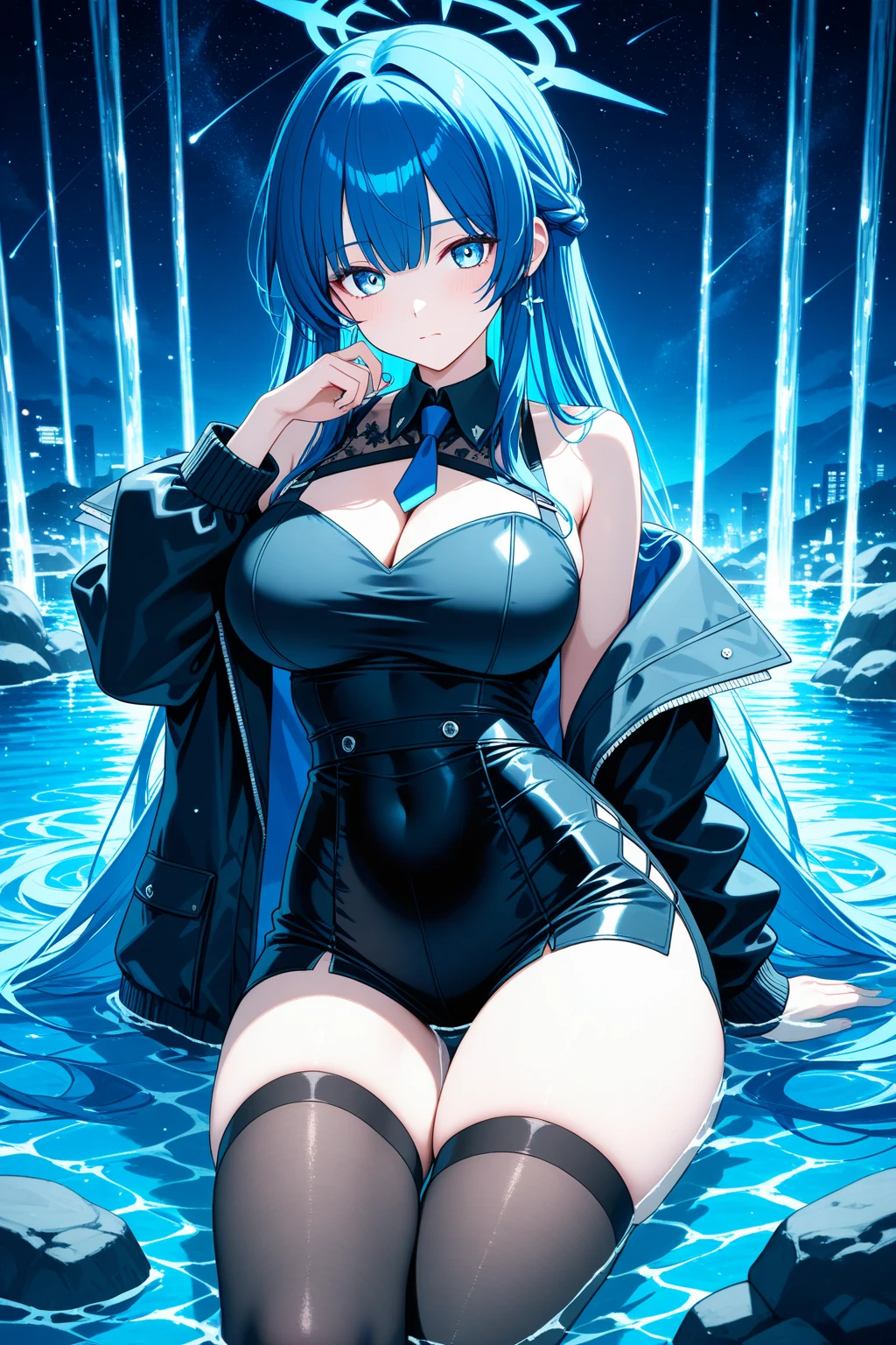 A girl, blue hair, yellow eyes, long hair, forehead, punk-girl (grs-), gun to head, {heart shaped pupils},From below, above the thighs, Empire