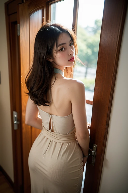 (8k、RAW Photos、top-quality、masterpiece:1.2)、(realisitic、Photorealsitic:1.37)、1 girl、japanese、30-years old、beautiful female((seductive face)), (deep in the night)、Moon Night、a room、cityscape visible from window、High-key lighting、Studio Lighting、face lights、photon maping、Radio City、(full bodyesbian)、Dark brown hair、Detailed face、Detailed lips、detailedeyeore (pale pink chiffon maxi dress)、(Wearing a pale pink long (fully pleated) fitted maxi dress)、perfectbody((sexy curve, perfect plump shape ass))、shinny skin、smirking face、(Stand upin front of table)、Full body Shot、Make eye contact with the camera, view from back, long skirt, hands on the table