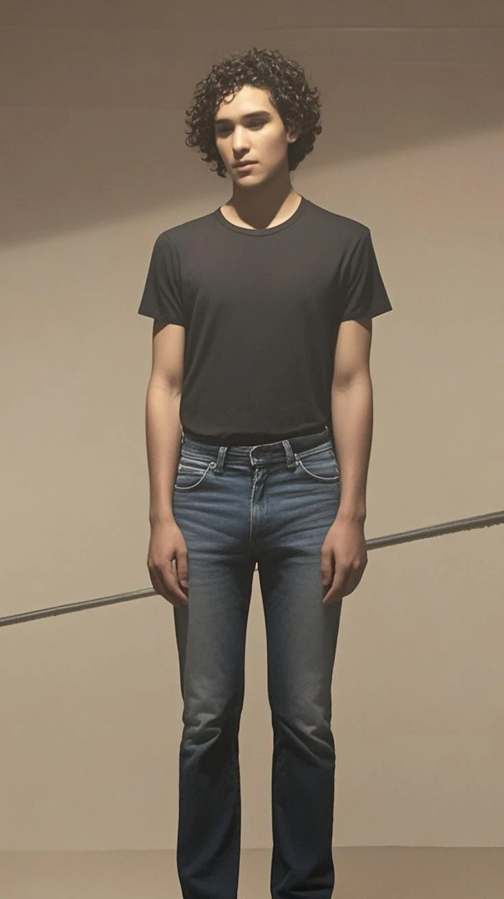 arafed man in a gray jacket and jeans posing for a picture, margiela campaign, vman magazine, baggy jeans, zac retz, rick owens, official valentino editorial, thin young male, androgynous male, timothee chalamet, official jil sander editorial, androgynous, editorial model, androgyny, araki big muscles big breasts, big pecs