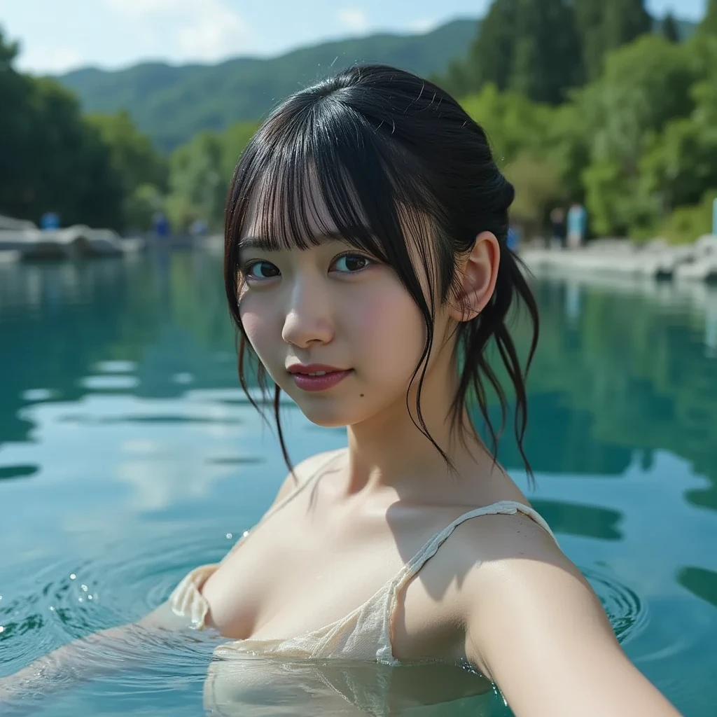 (best quality:1.2), masterpiece, Realistic, Ultra-high resolution, ((a beautiful Japanese idol 12 years old woman:1.2)), (Gaunt:1.3), (((Very flat chest:1.4))), ((Baby Face)), (upper body), (show me your armpit:1.2), (sweaty armpit:1.3), ((Armpits are wet and shiny with sweat)), She has skin that sweats easily Soaking wet, Sweaty, I can see my pores, in Japanese hot springs, Outdoor hot spring, Stone hot spring, Moss and trees Surrou