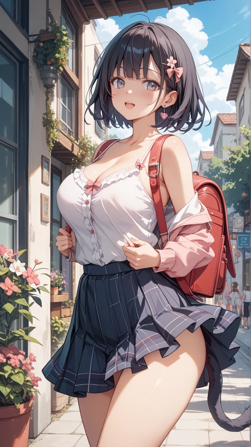 1woman, parted lips, makeup, provoking, , classroom, school bag, light rays, glow, thighs, collarbone, narrow waist, (masterpiece), wallpaper,