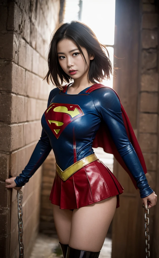 masterpiece、supergirl costume、short hair、barefoot、Big and full breast station、Crisis situation、prison、in a cage、sense of abuse、kneel down、sweaty、shiny、looking at camera、Seduce、choker、long sleeve、red sexy pose、POW camps、humiliating、