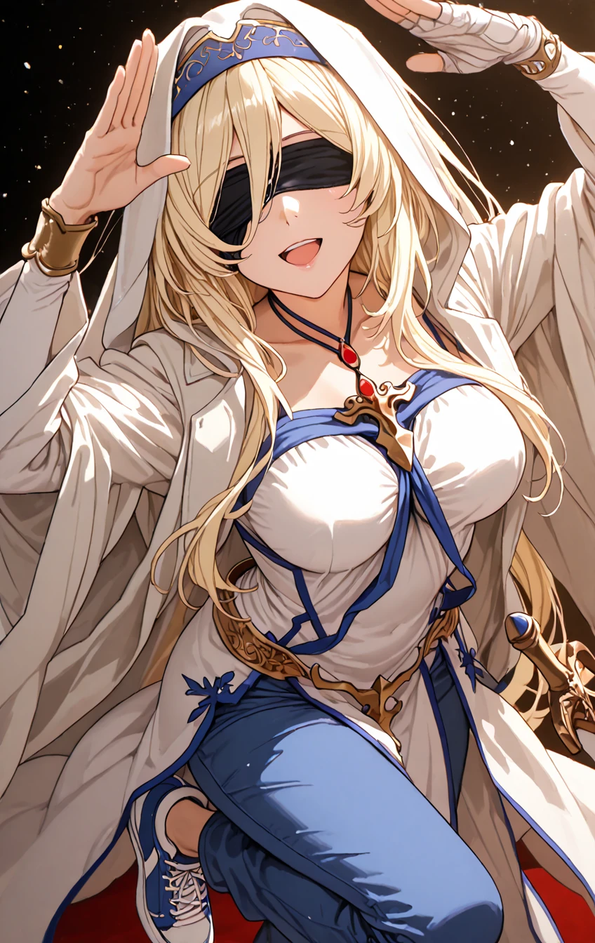 (masterpiece:1.3, Highest quality, Ultra-high resolution, Super detailed), (Realistic, photoRealistic:1.4), Beautiful illustrations, Shine光, Shine, colorful, Depth of written boundary,
Beautiful detailed hair, Beautifully detailed face, Beautiful attention to detail, Beautiful clavicle, Beautiful body, Beautiful breasts, Beautiful thighs, Beautiful feet, Beautiful fingers,
View your viewers, 1 Girl, Japanese, sword_Otome, (Perfect Anatomy, Anatomically correct, Highly detailed skin), Cute and symmetrical face, Baby Face, Shiny skin,
(Long Hair, Straight hair, Blonde), blue eyes, Glowing Eyes, Long eyelashes, (Large Breasts:1.2, Big Ass, Captivating thighs), Perfect Face, Perfect Eyes, Perfect Fingers, Sexy Body,
(Blindfold, dress, white dress, habit, jewelry, black Blindfold, necklace, Removable sleeves), mascara, (Fashion Makeup), Cleavage,
(Highly detailed background, Complex background), Daytime, (guild, guild room, Quest Board, window, Road View, Medieval), , (Cute smile, Part your lips),