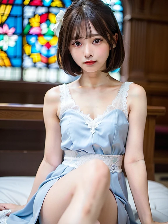 (Masterpiece:1.0), (Best Quality:1.4), (Ultra High Resolution:1.2), (Delicate Illustration:1.4), (8k, RAW Photos:1.2), (Soft Focus:1.4), 1 Young Girl, (25 Years Old:1.3), (Sharp Focus:1.4), Detailed Beauty Face, (Detail Maid Clothes:1.4), (Lace Choker:1.2), Beautiful White Glossy Moist Skin,, Looking at the camera, smile, (squatting, legs spread), short cut, brown hair, floating hair, braided hair